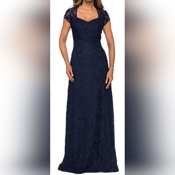 LA FEMME Embellished EVENING Dress 27951 NWOT size 8 Navy Blue - Picture 1 of 6